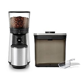 Conical Burr Coffee Grinder & Steel Coffee POP Container (1.7 Qt) with Scoop Bundle