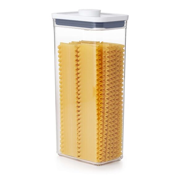 OXO POP Container, Rectangle Tall 3.7 qt. filled with a family size box of cereal