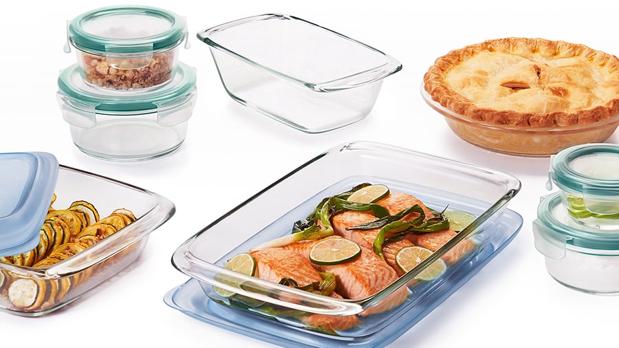 glass food storage and baking dishes with food