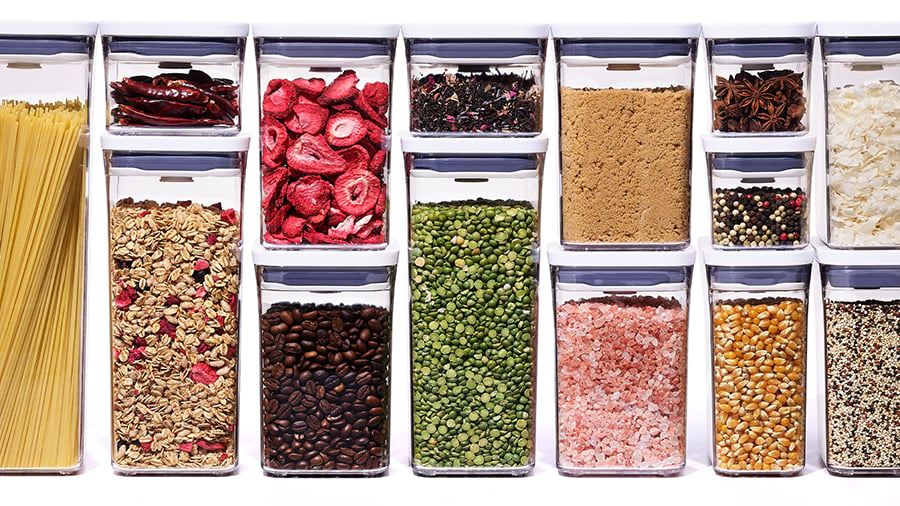 pantry staples in stacked oxo pop containers