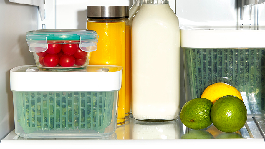 food and oxo greensaver produce keepers in a refrigerator