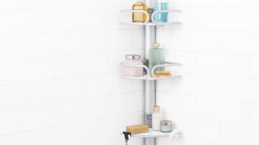 oxo good grips quick extend aluminum pole caddy in shower with bath products