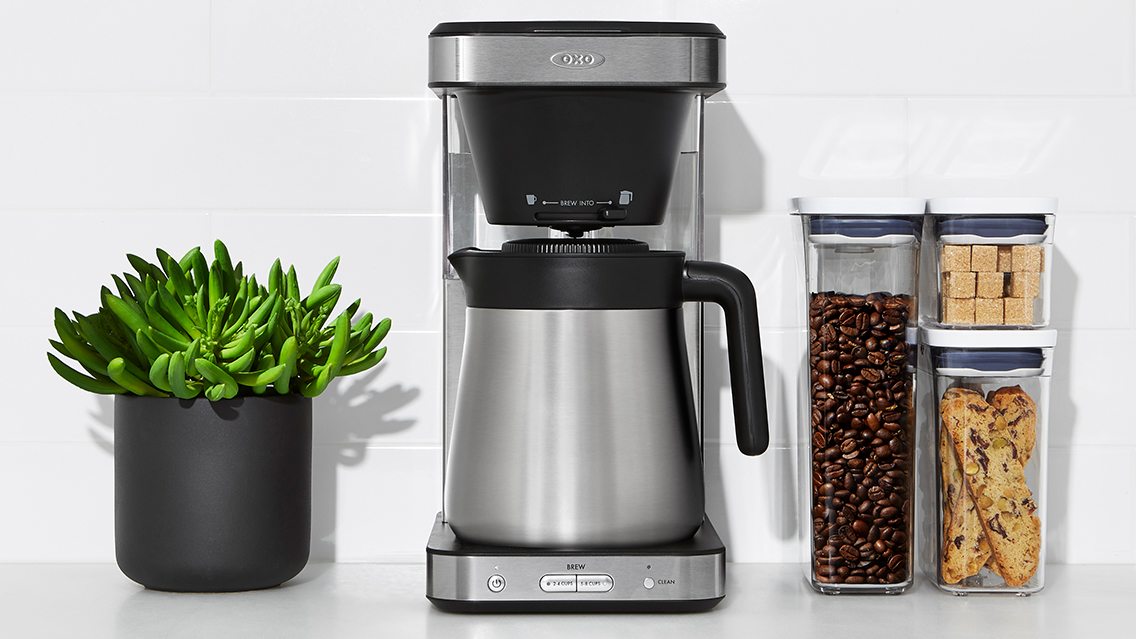 oxo 8 cup coffeemaker on counter
