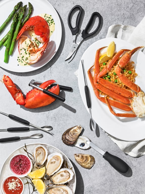 lobster and crab with seafood preparation tools