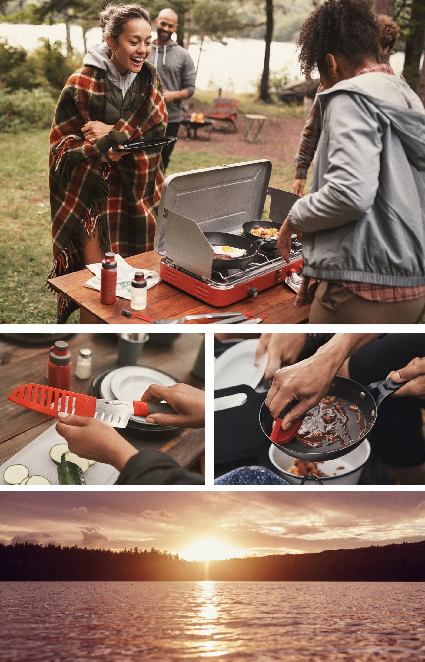 image collage of OXO outdoor products to elevate your campsite cooking