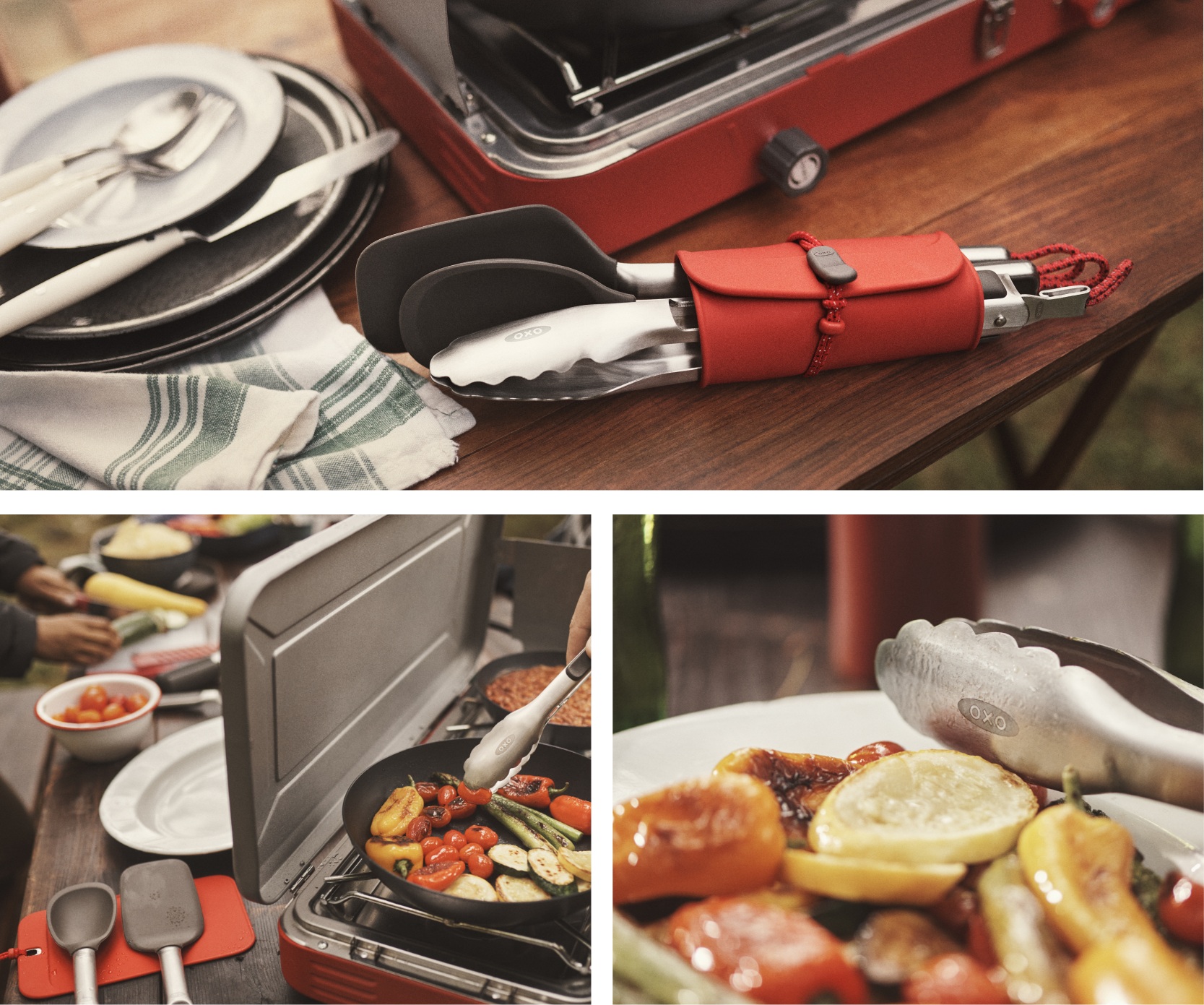 OXO outdoor collage image of high heat resistant and easy to clean tools perfect for cooking on camp stoves